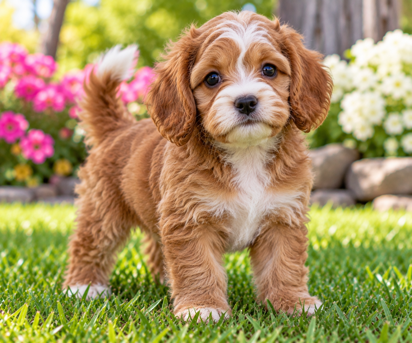 Cavapoo Puppies | Pittsford Puppies Cavapoo puppy with a curly caramel and white coat standing on green grass