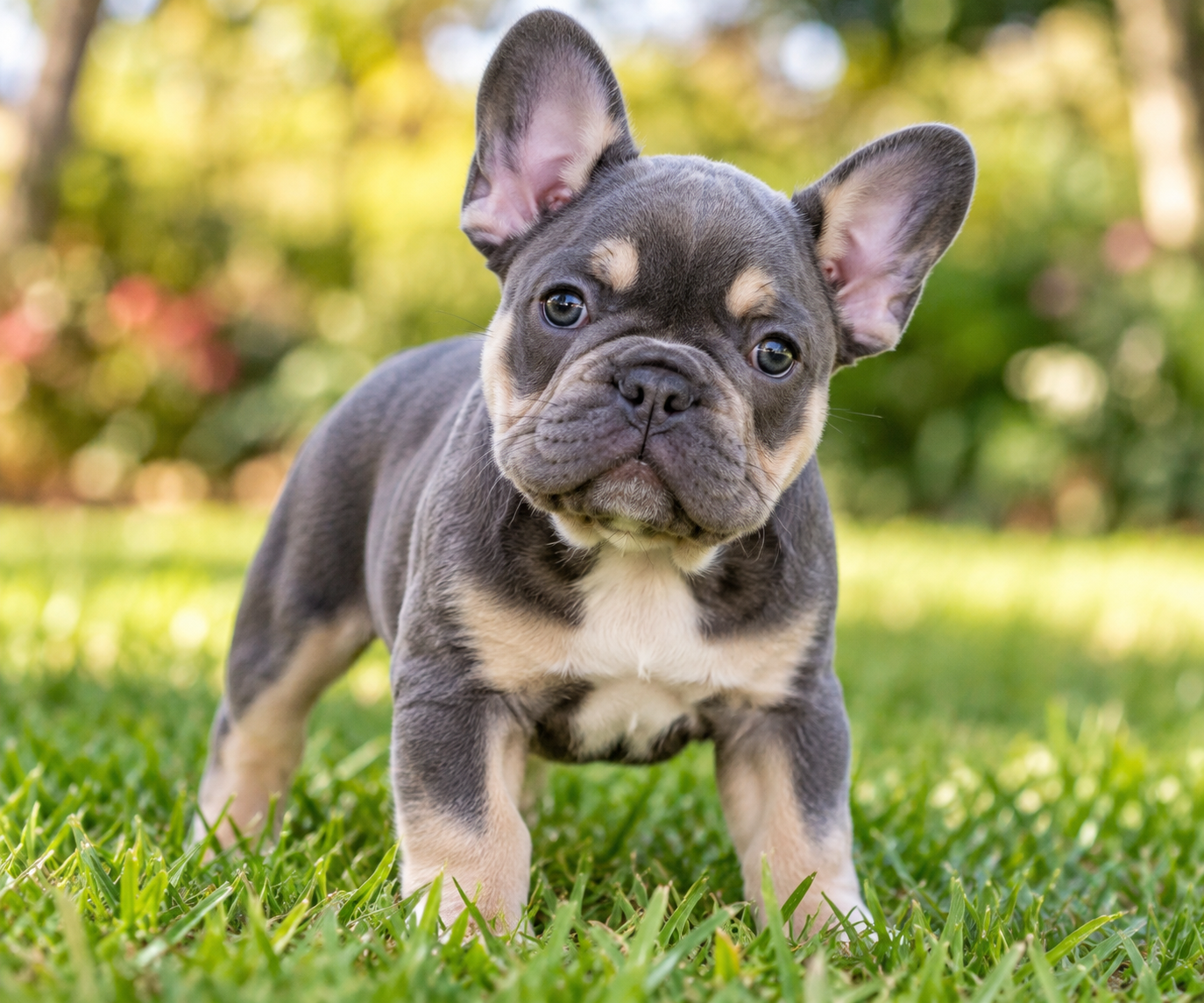 French Bulldog Puppies | Pittsford Puppies A blue and tan French Bulldog puppy with upright bat ears and a short smooth coat standing on green grass