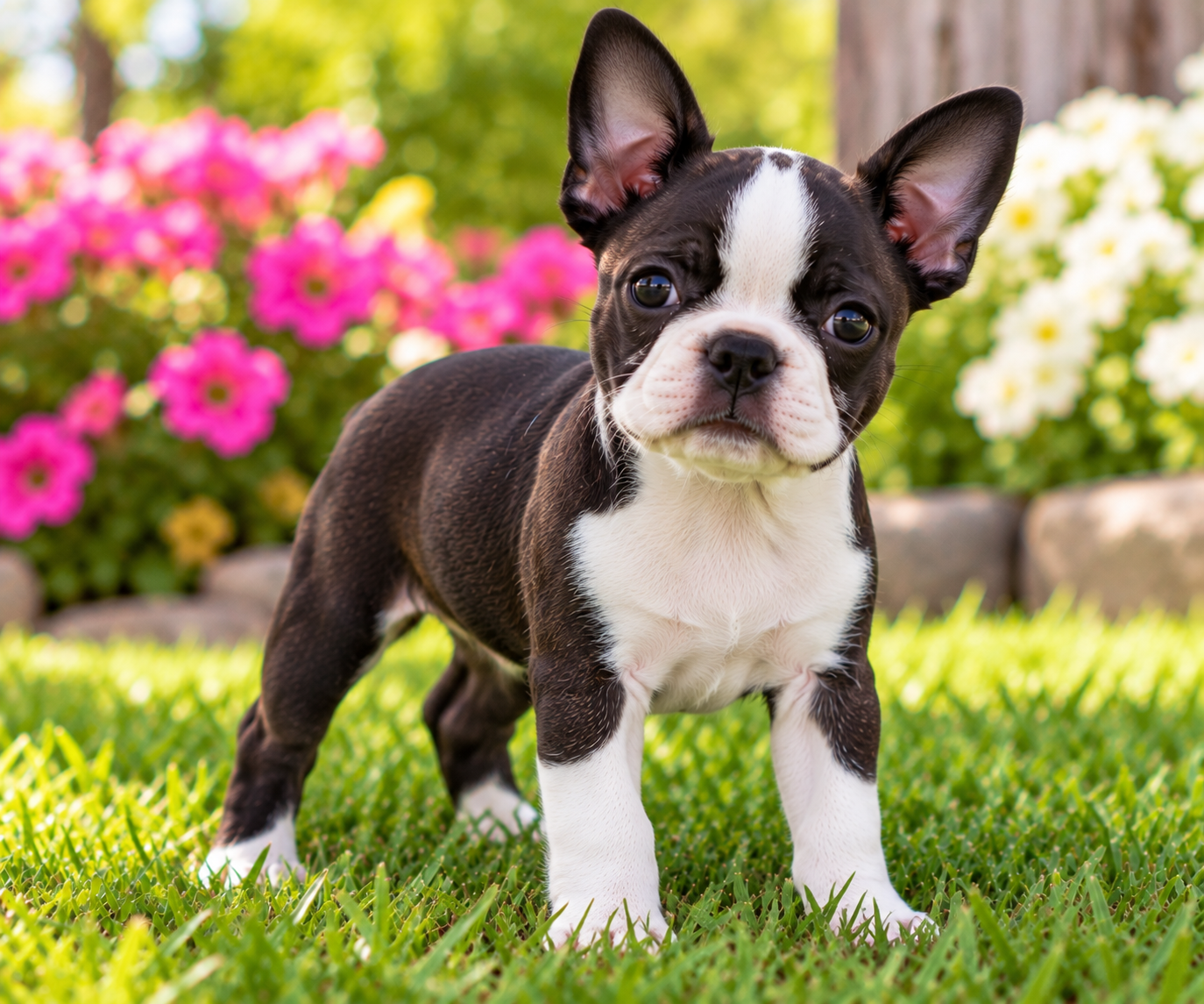 Boston Terrier Puppies | Pittsford Puppies Boston Terrier puppy with black and white markings standing on green grass