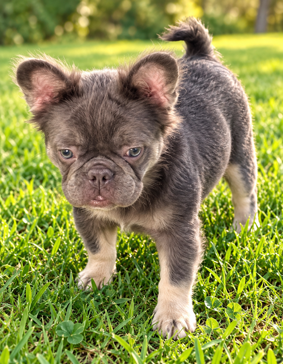A fluffy blue French Bulldog puppy with a longer coat, large upright ears, and pale eyes standing on green grass