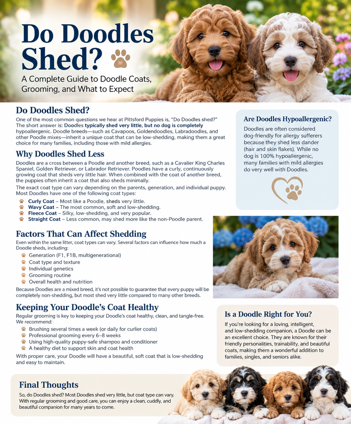 Illustrated guide to Doodle shedding, coat types, grooming, and allergy considerations