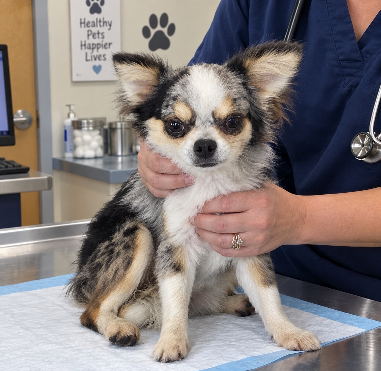 A veterinarian gently examining a long-haired Chihuahua puppy during a health check at Pittsford Puppies