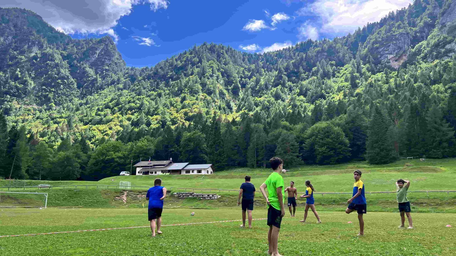 Partita nel prato con il bosco e le montagne sullo sfondo