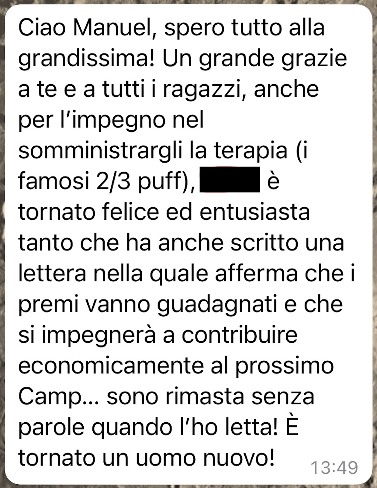 Messaggio di ringraziamento a Manuel e allo staff dopo il camp