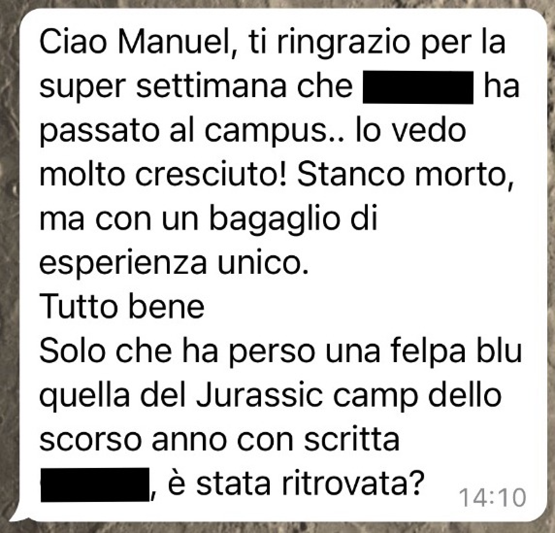 Messaggio di un genitore dopo una settimana al campus