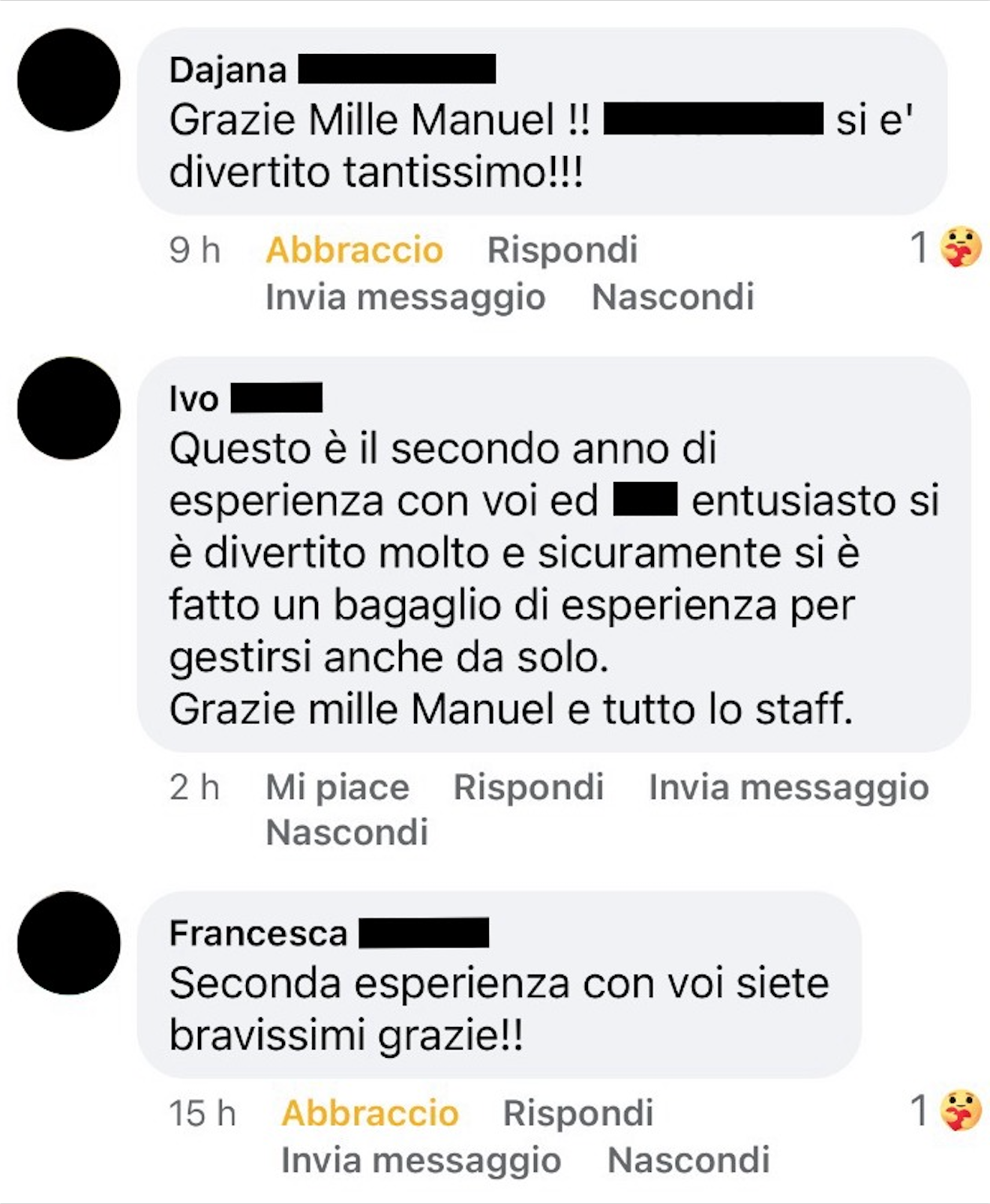 Commenti dei genitori sulle esperienze al camp