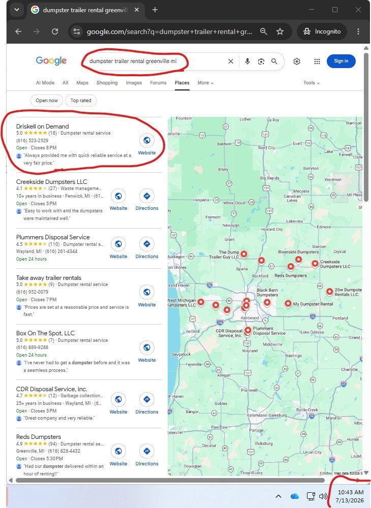 Google search results for dumpster trailer rental greenville mi showing Driskell On Demand