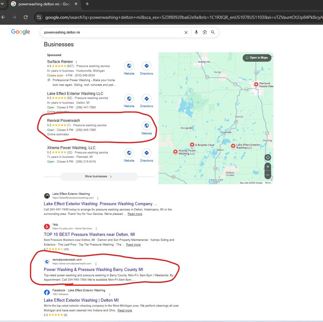 Google search results for powerwashing delton mi showing Revival Powerwash