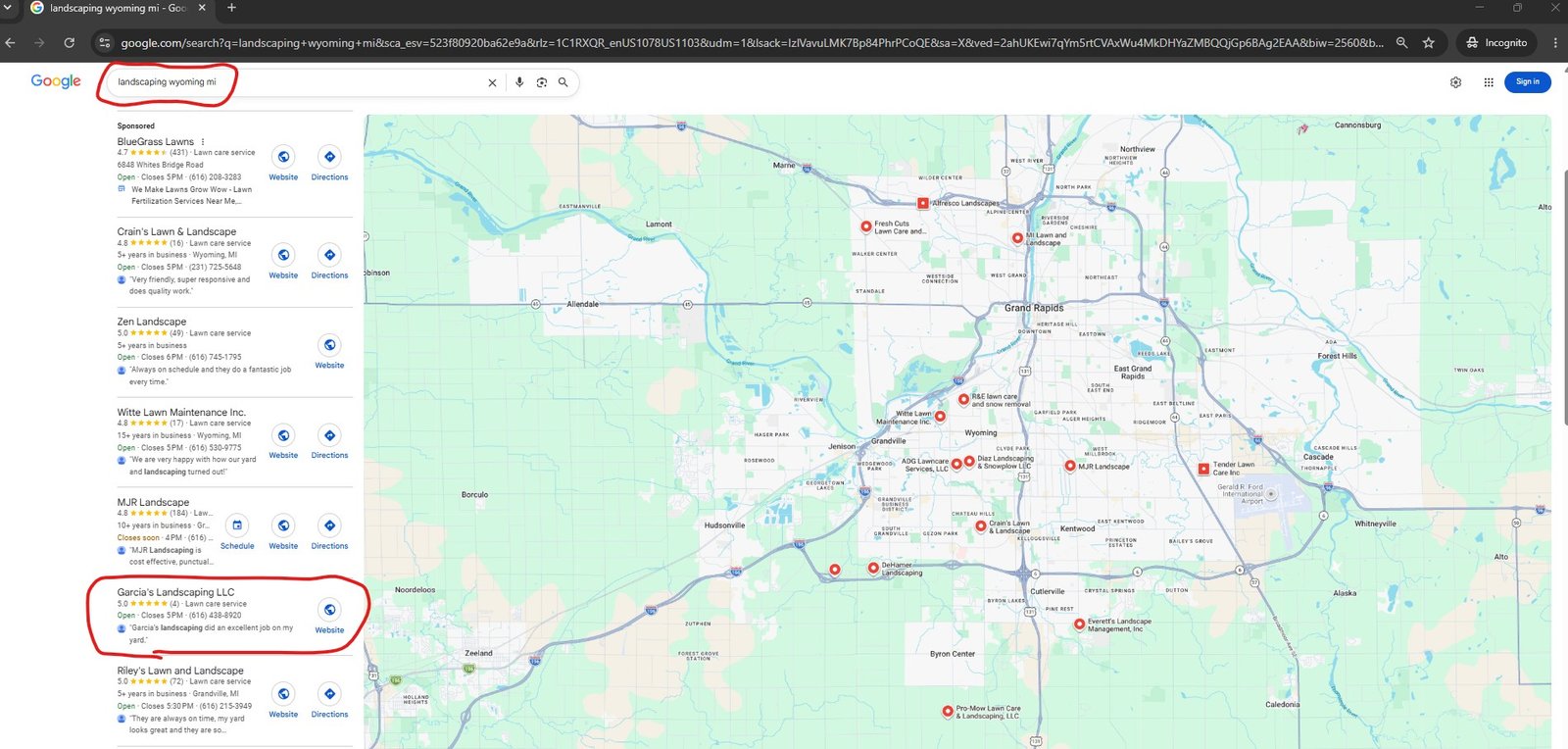 Google search results for landscaping wyoming mi showing Garcia's Landscaping LLC