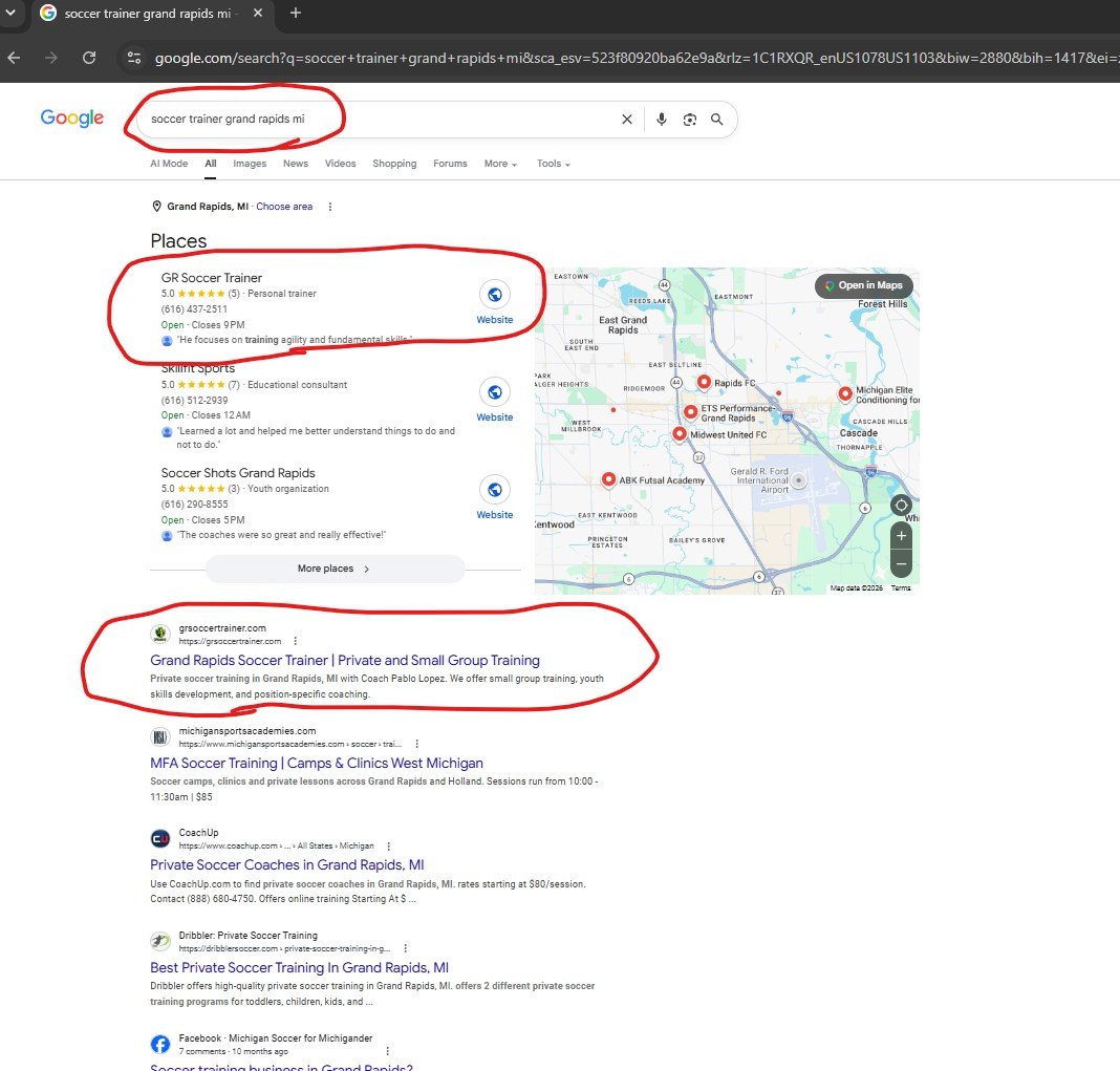 Google search results for soccer trainer grand rapids mi showing GR Soccer Trainer