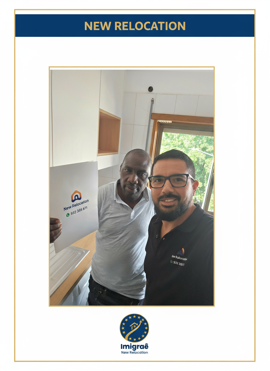 Cliente feliz com a equipe da Imigraê New Relocation em sua nova cozinha em Portugal