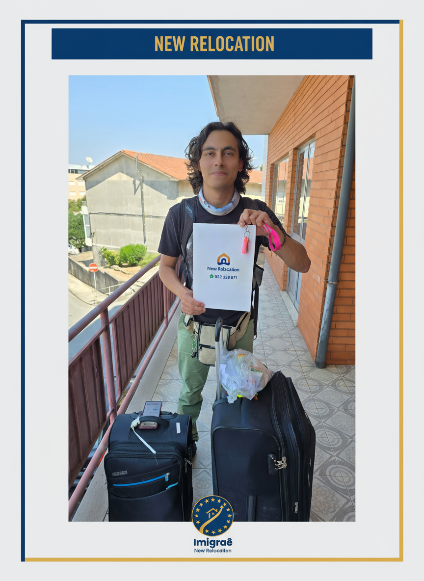 Cliente com malas e documentos da Imigraê New Relocation, pronto para sua nova vida em Portugal