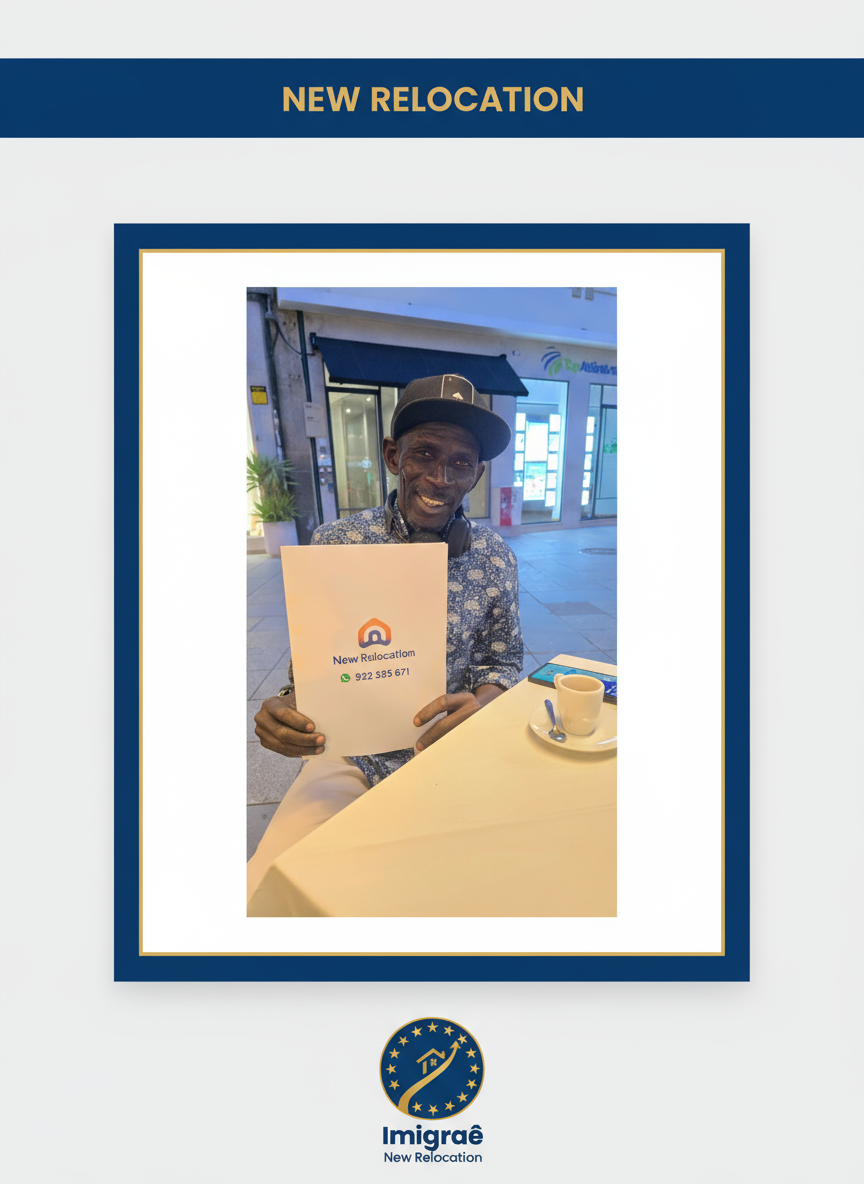 Cliente feliz com documentos da Imigraê New Relocation em um café em Portugal