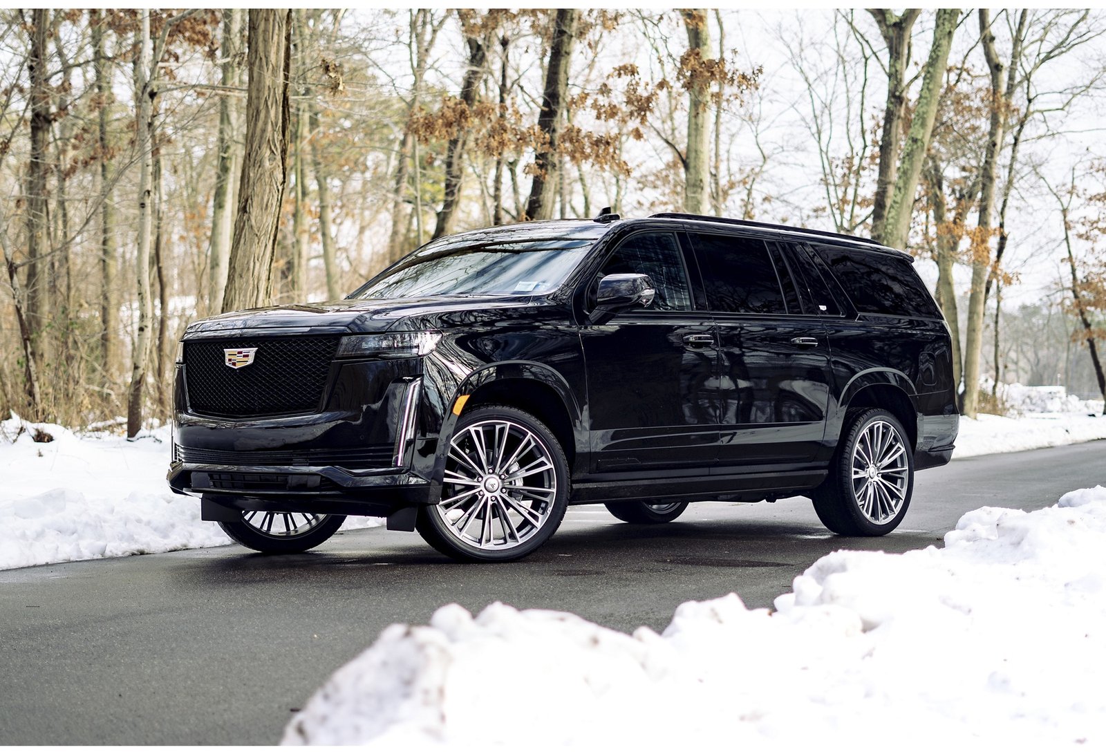 Black Cadillac Escalade ESV parked in a snowy landscape