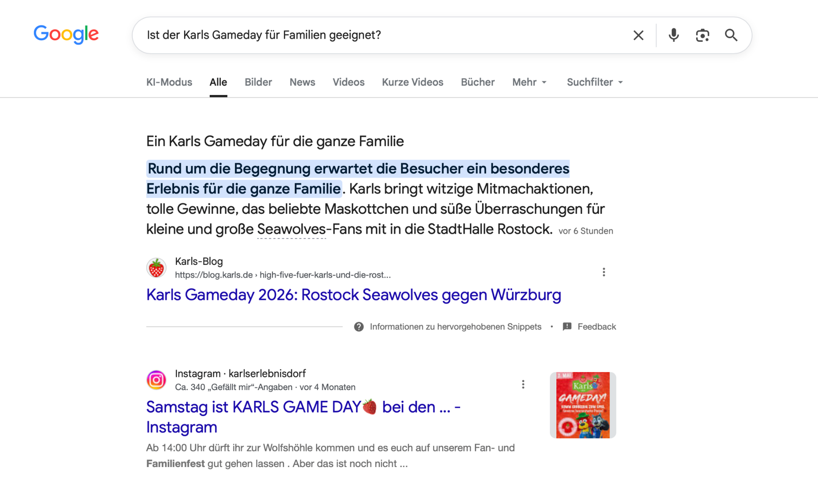 Featured Snippet von Google zur Frage, ob der Karls Gameday für Familien geeignet ist