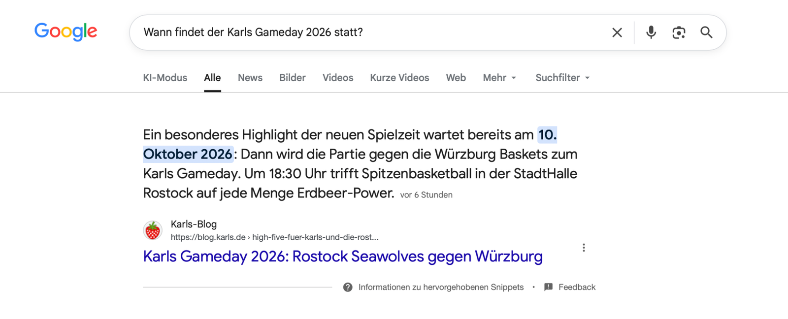 Google Featured Snippet mit dem Termin des Karls Gamedays am 10. Oktober 2026
