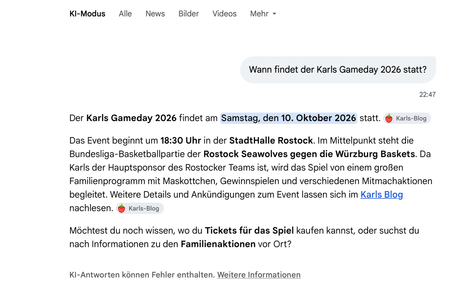 Google-KI-Modus beantwortet die Frage nach dem Termin des Karls Gamedays 2026