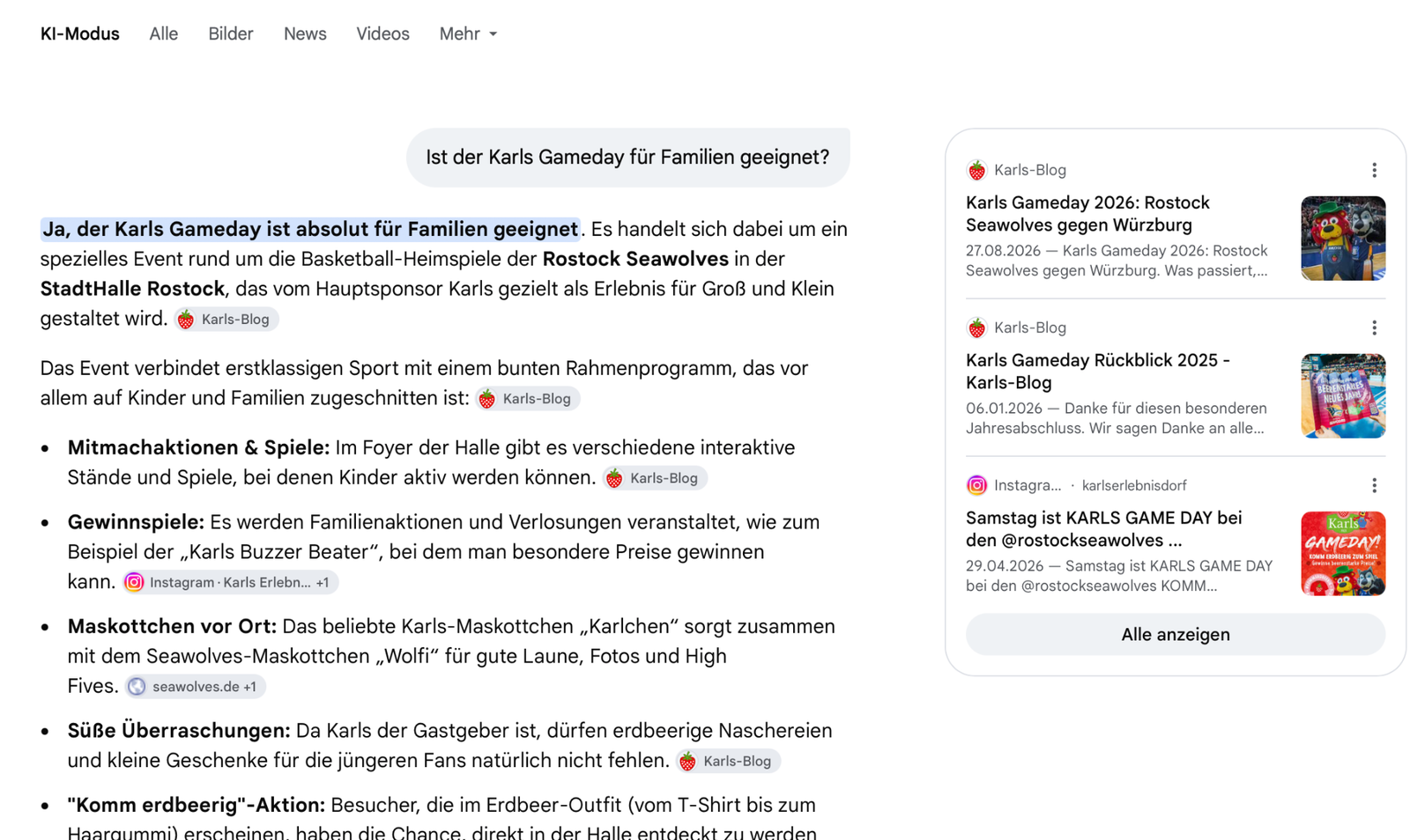 Google-KI-Modus verwendet den Karls-Blog als Quelle zum Familienprogramm des Gamedays