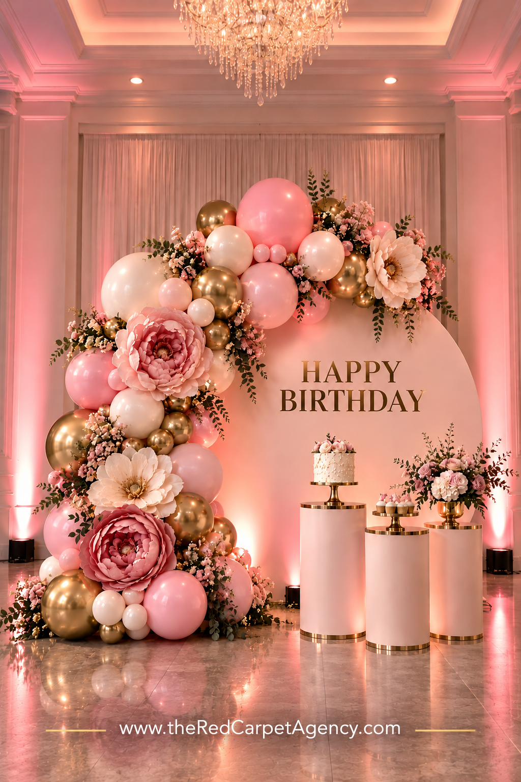 Blush Birthday Arch — custom balloon décor by Red Carpet Agency