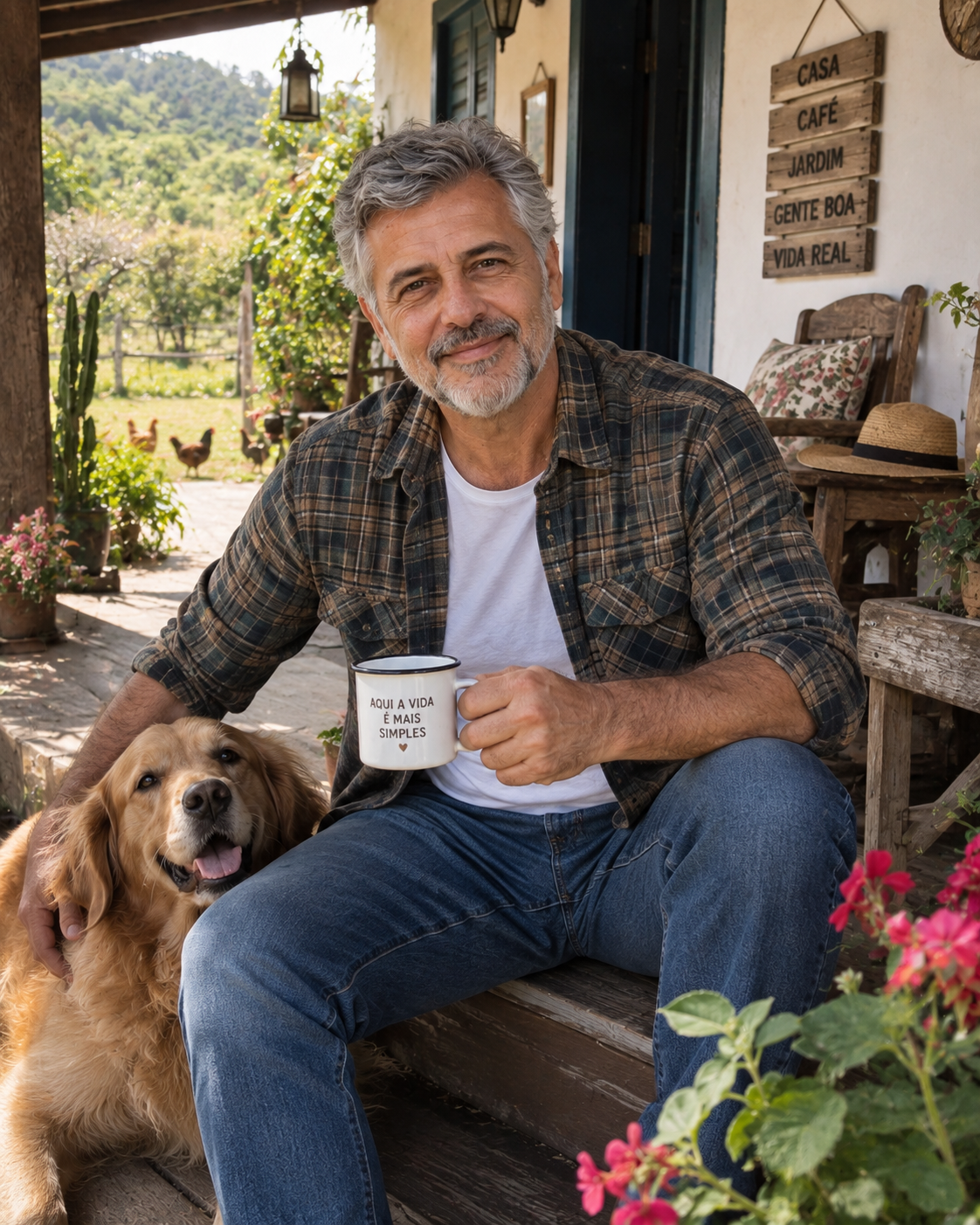 Augusto, homem de 61 anos com chapéu de palha, sorrindo na horta com uma cesta de legumes