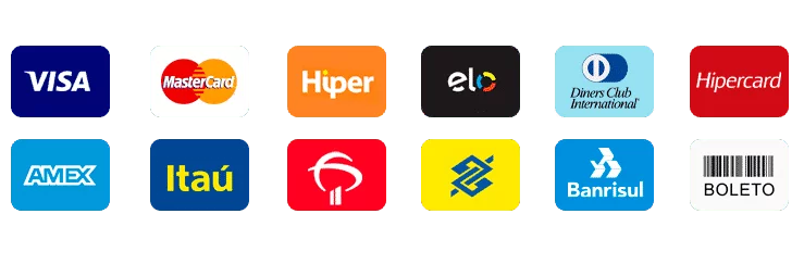 Payment methods including Visa, Mastercard, Pix, and many others