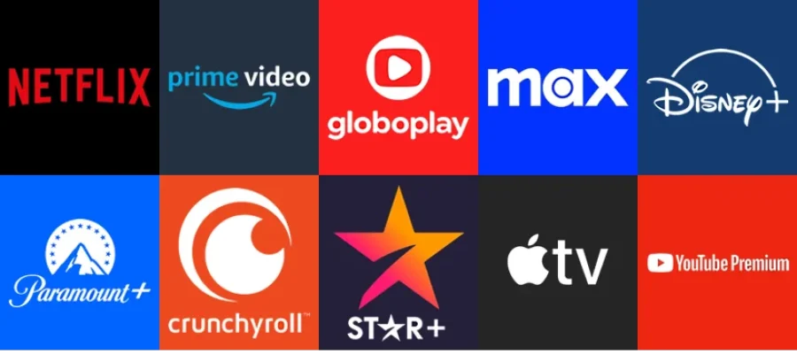 Logos of streaming services like Netflix, Prime Video, Max, Disney+, Sky, Apple TV