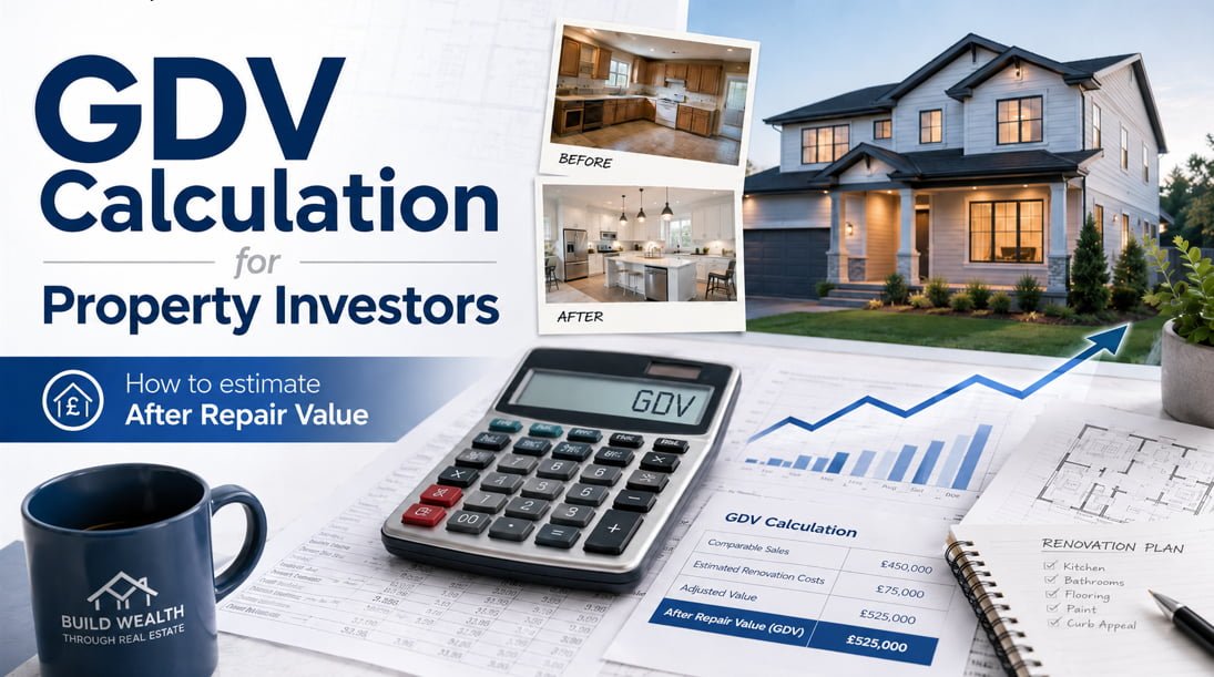 GDV calculation for property investors with before/after renovation photos, calculator, property charts, and renovation plan checklist