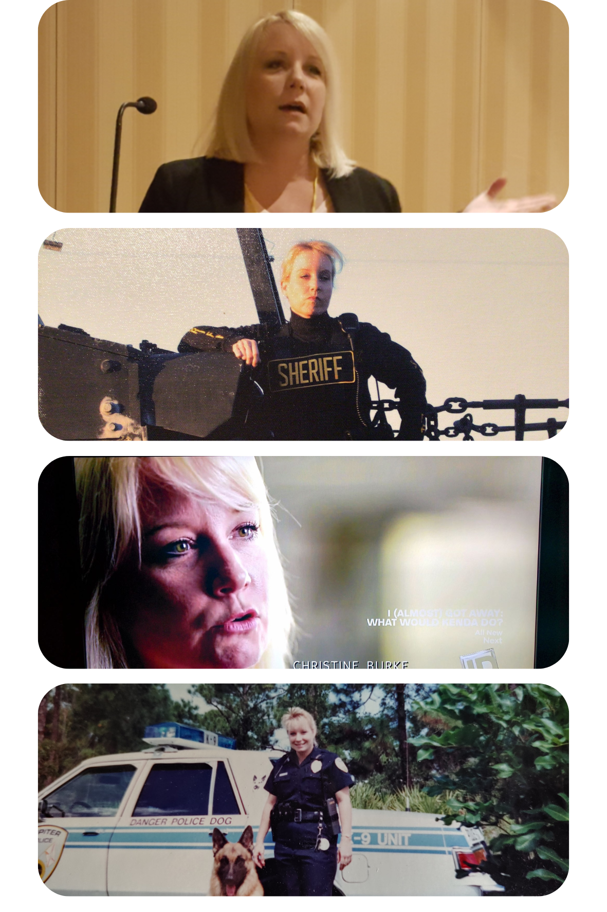 Christine Burke speaking at a conference, in sheriff tactical vest, in a televised interview, and on patrol with her K-9 partner