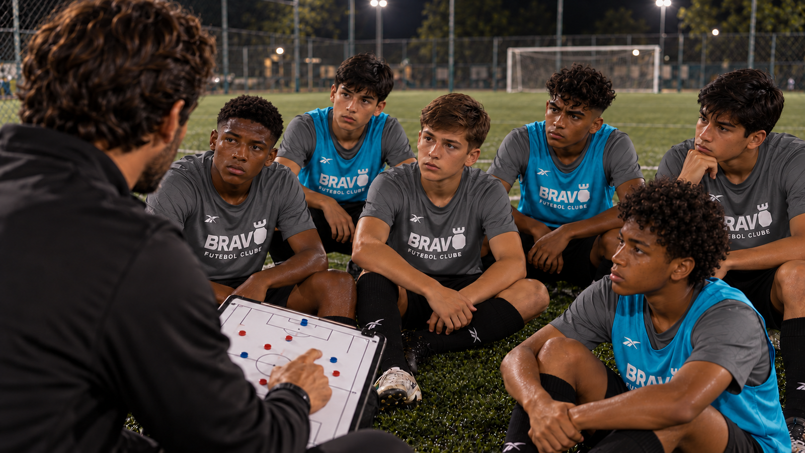 Técnico do Bravo FC orienta jovens atletas em círculo no campo, à noite