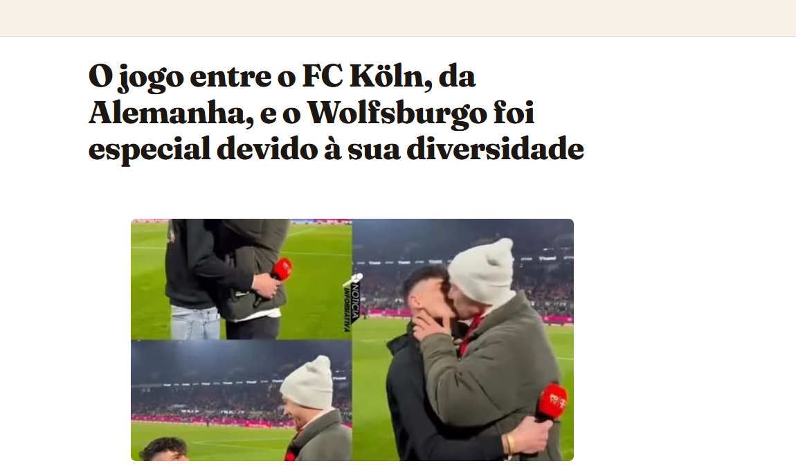 Dois jovens a beijarem-se no relvado de um estádio de futebol, um com microfone de reportagem na mão