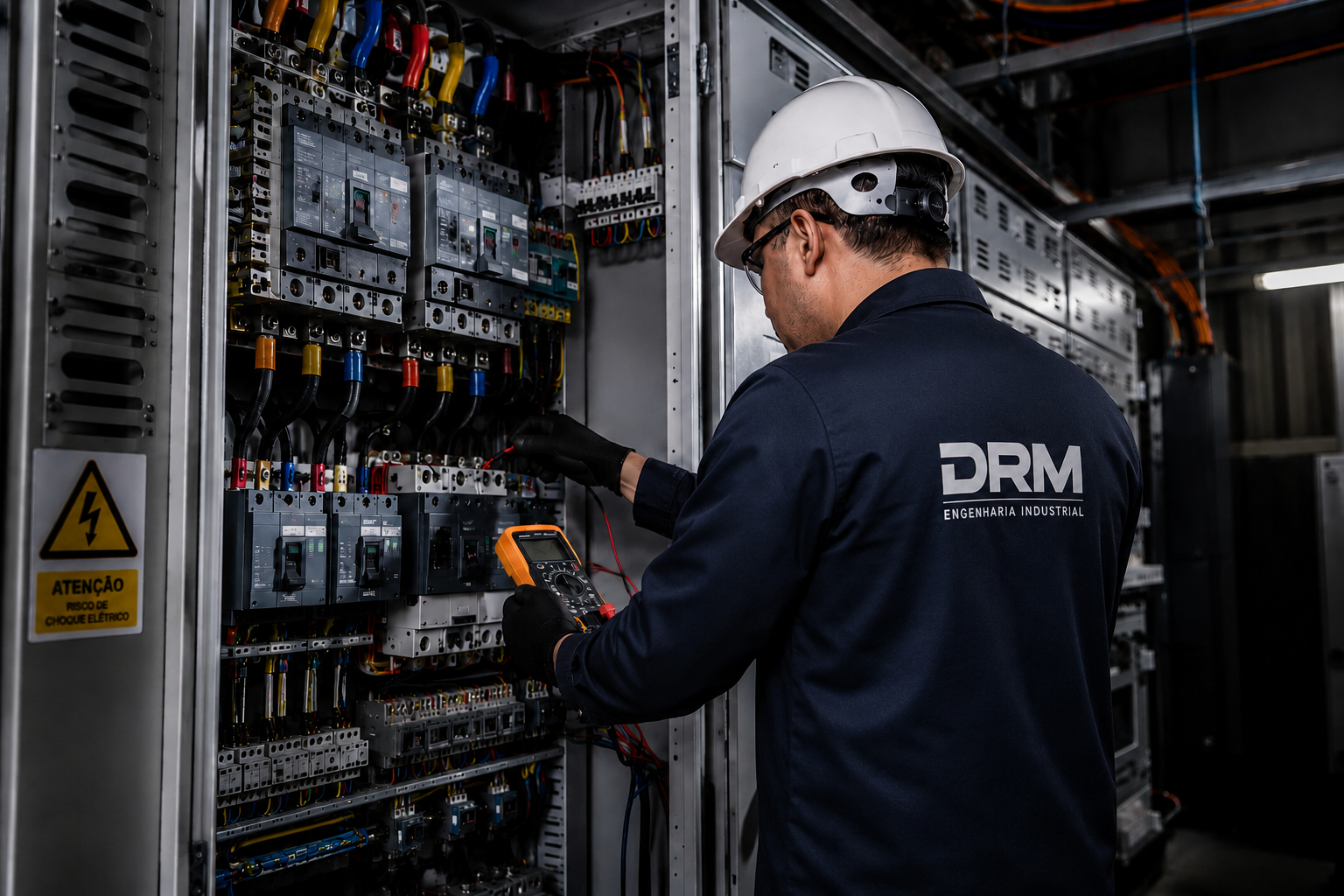 Painel elétrico industrial e infraestrutura de distribuição de energia em galpão fabril