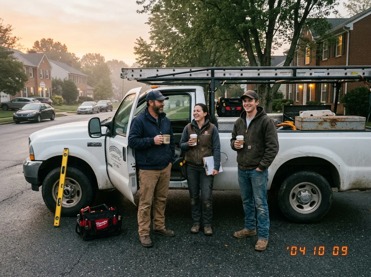 Three trades workers with coffee standing by a work truck with a ladder rack at sunrise
