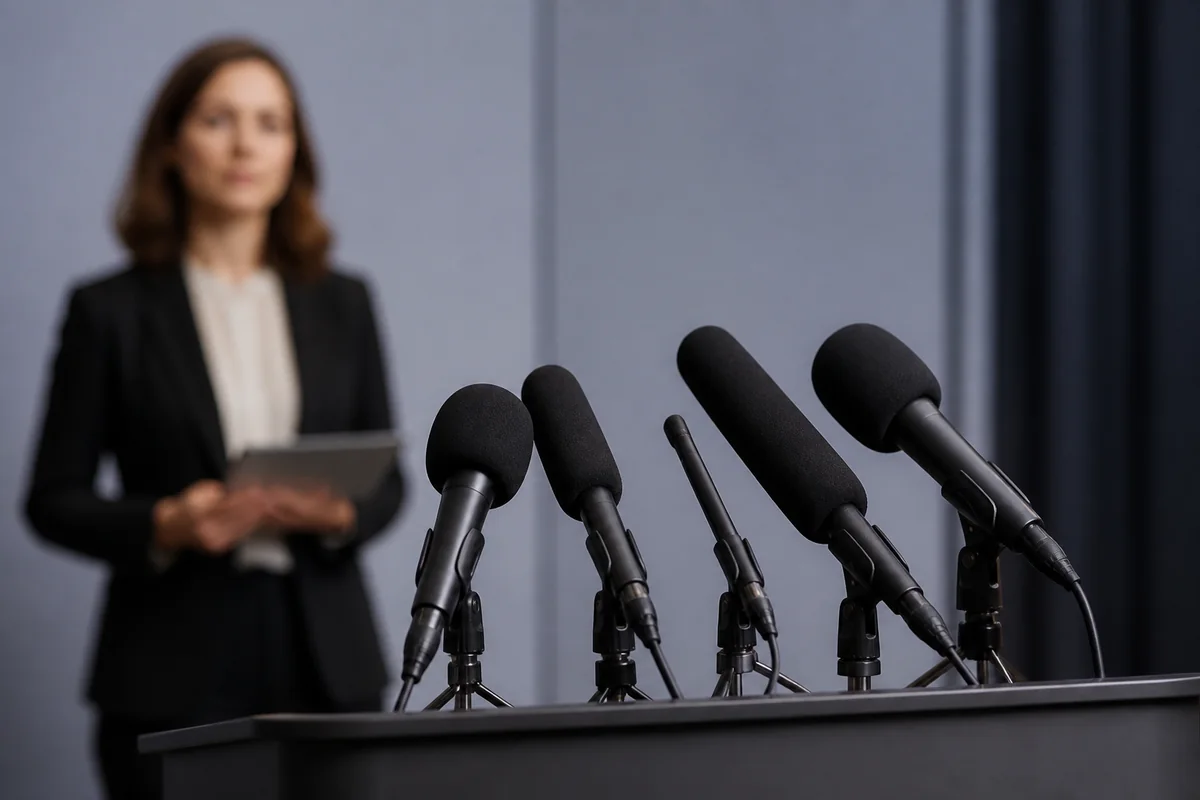 Press conference podium with multiple microphones, professional speaker in background