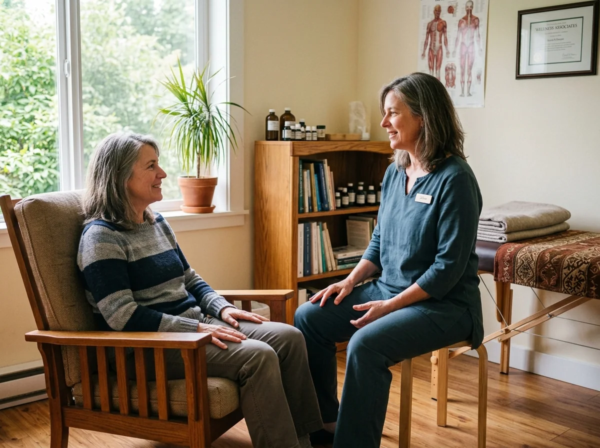 Healthcare practitioner consulting with a patient in a calm clinic treatment room