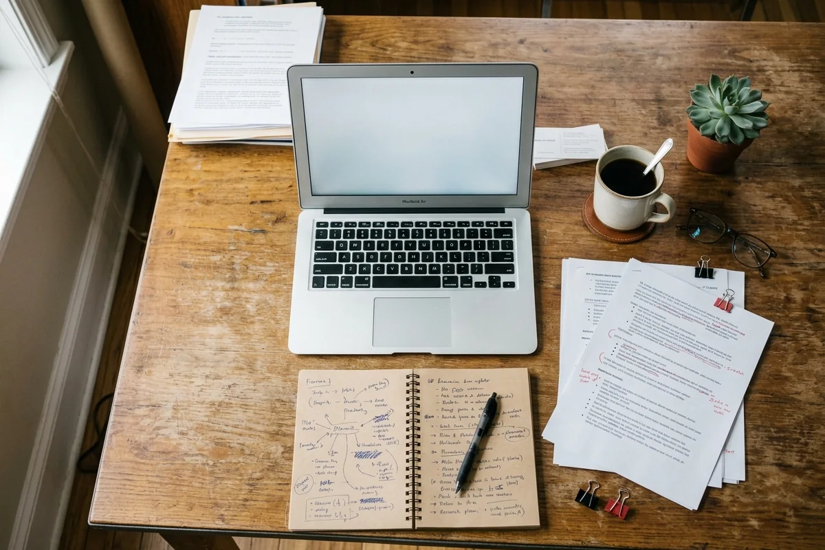 Open notebook with research notes beside a laptop and documents on a wooden desk