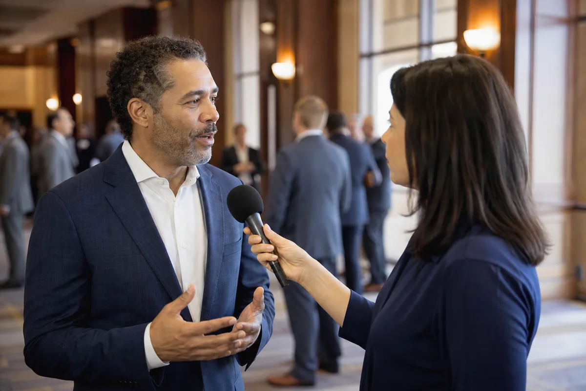 Journalist interviewing a business executive in a professional conference setting