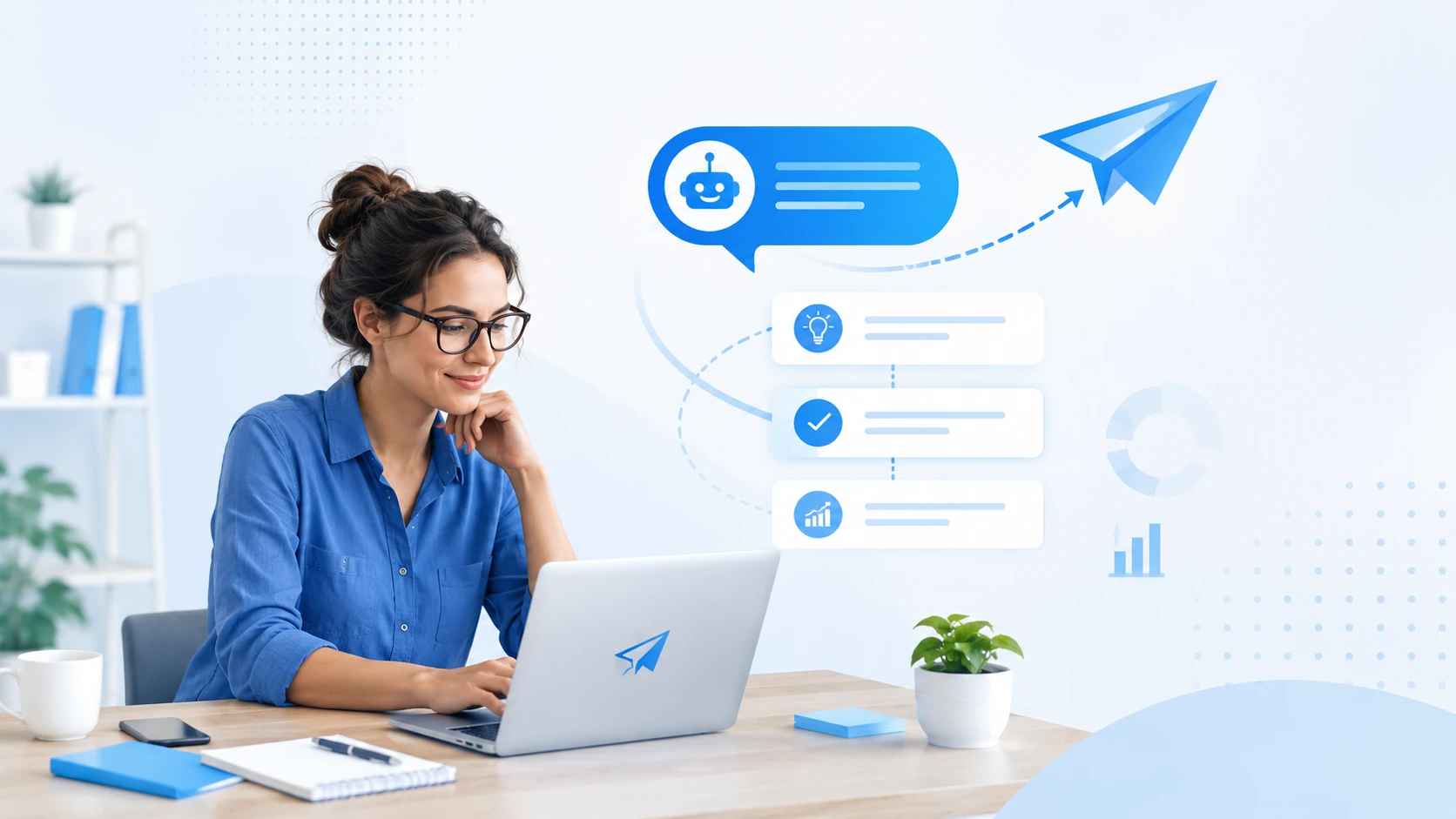 Woman at desk using laptop with AI workflow graphics and business icons