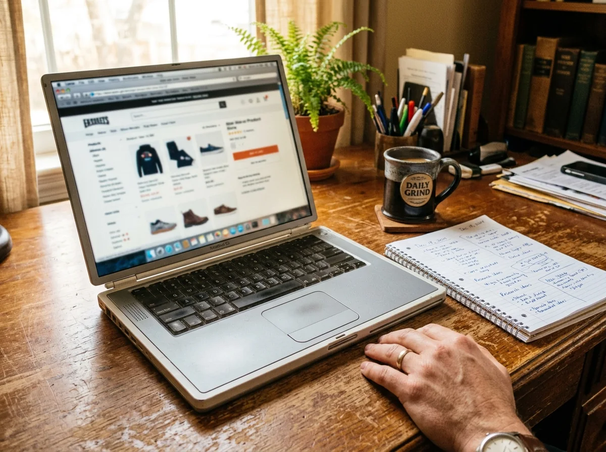 Laptop on a wooden desk showing an online apparel store with product listings, next to a notebook and coffee mug