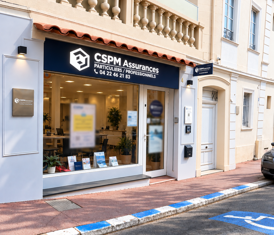 Vitrine de l’agence CSPM Assurances & Crédits à Cannes, 4 rue Borniol