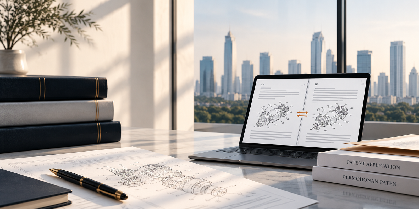 Indonesian patent attorney reviewing technical patent drawings and blueprints