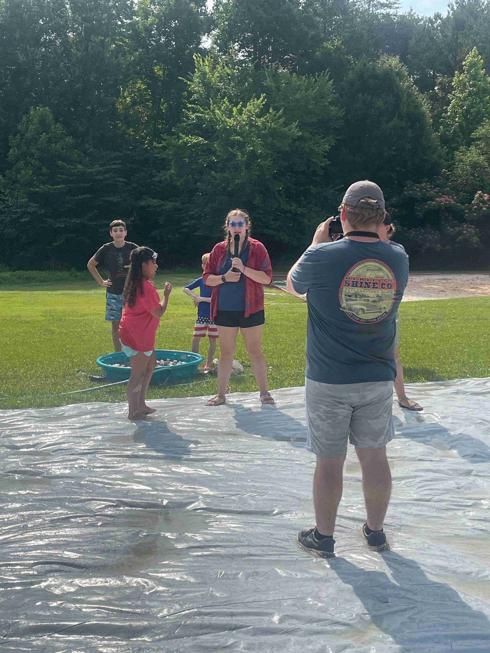 Outdoor games and water slide preparation
