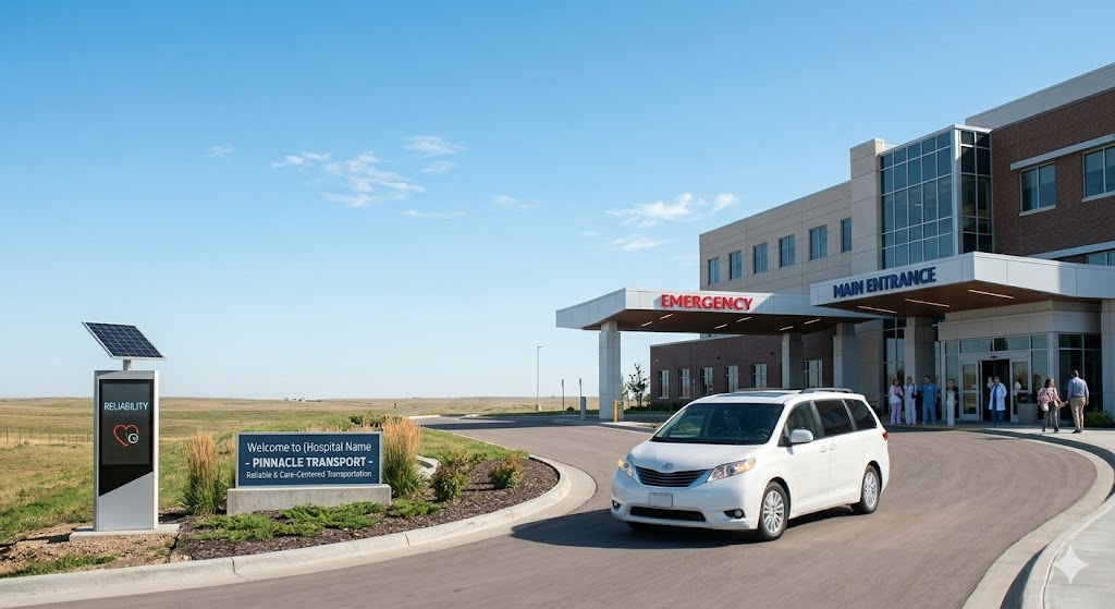 Professional white medical transport van arriving at a Wichita hospital main entrance, showing reliable healthcare facility transportation and on-time arrival for medical appointments