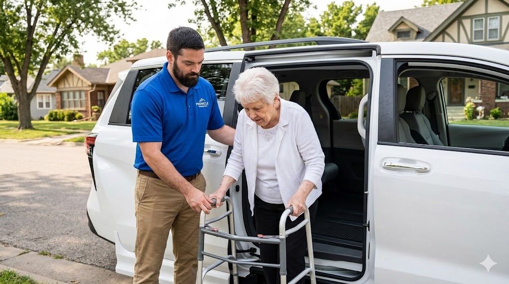 Professional Pinnacle Transport driver in blue shirt assisting elderly woman with walker exiting a white minivan in a Wichita residential neighborhood, demonstrating ambulatory medical transportation