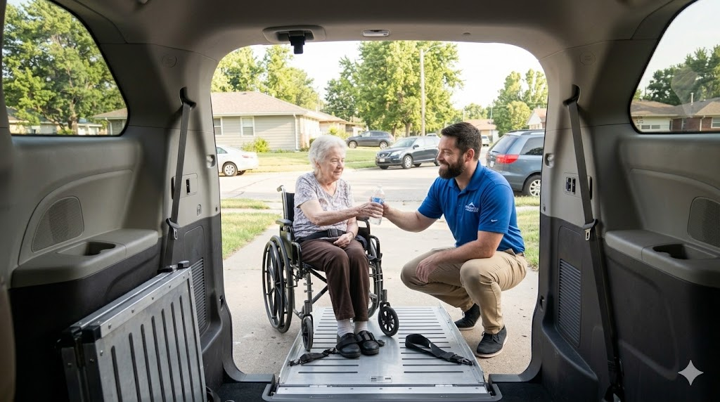 Professional Pinnacle Transport driver in blue shirt assisting elderly woman in wheelchair at the rear of a minivan with wheelchair ramp visible, demonstrating accessible medical transportation in Wichita