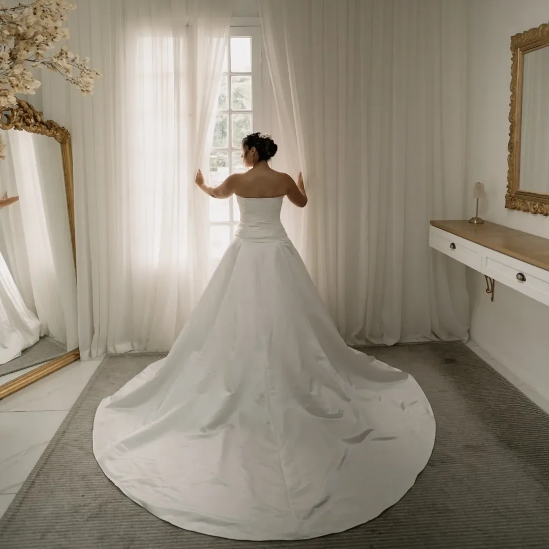 Noiva em vestido minimalista branco com cauda em quarto elegante com espelho dourado