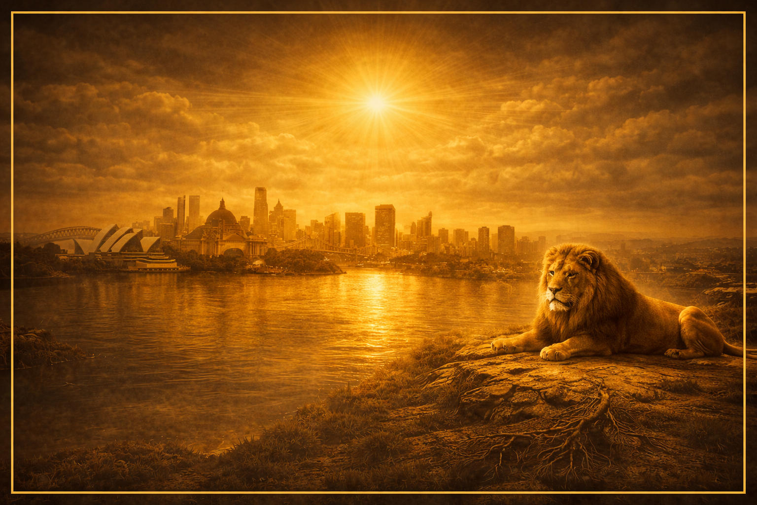 Majestic framed golden lion merging with modern Sydney cityscape, conveying regal authority