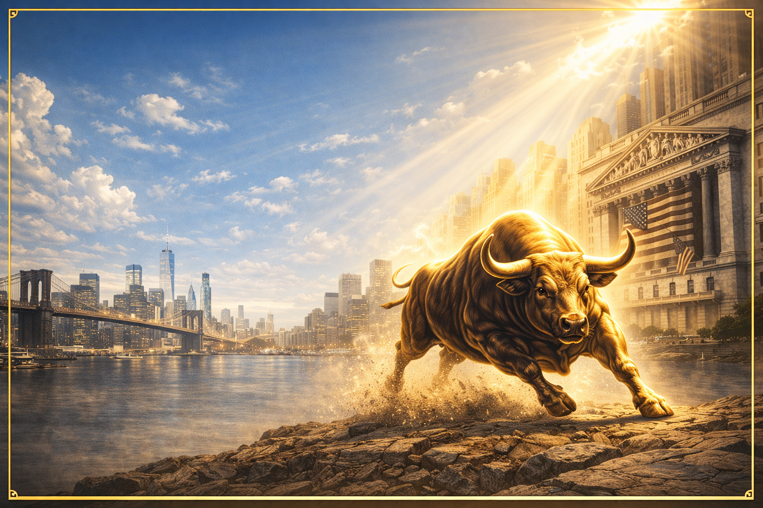 Majestic golden bull representing powerful market momentum