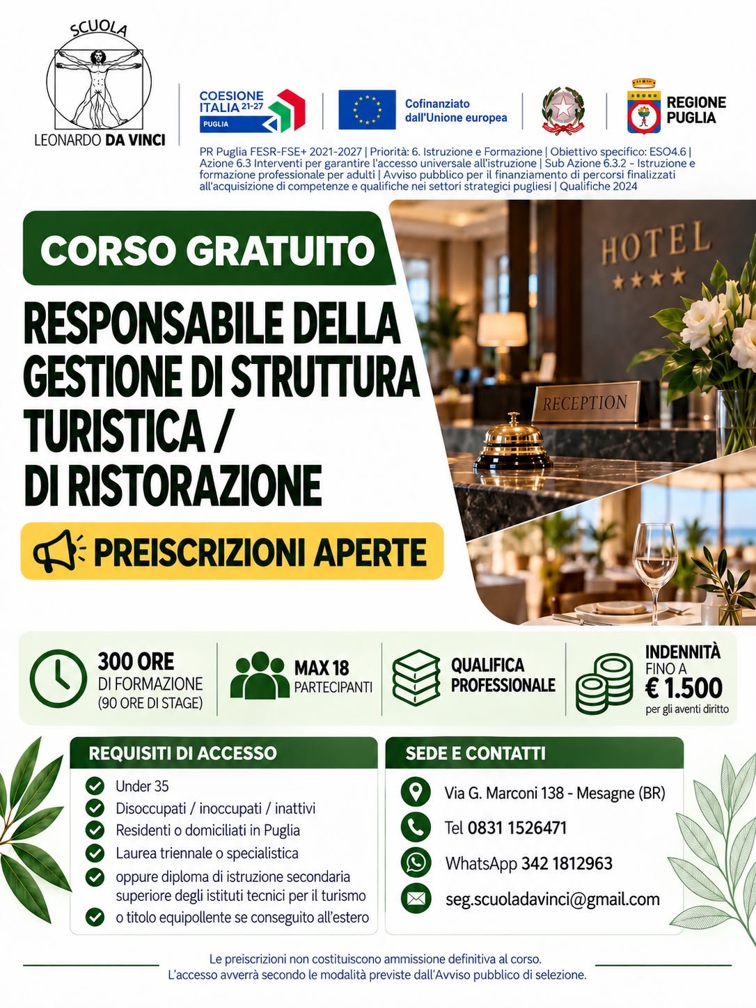 Locandina del corso Responsabile della Gestione di Struttura Turistica e di Ristorazione