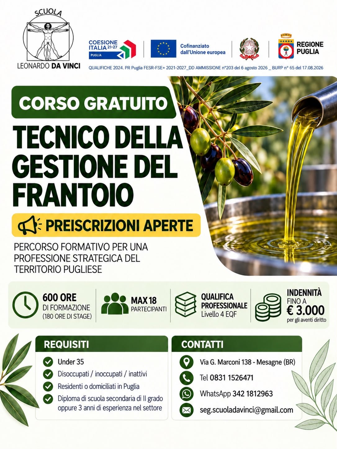Locandina del corso Tecnico della Gestione del Frantoio