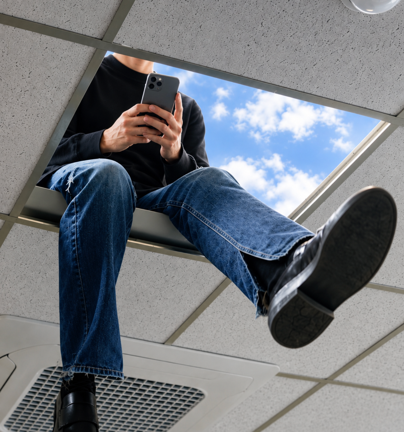 Person sitting in a ceiling opening looking at a phone — Growth Identity